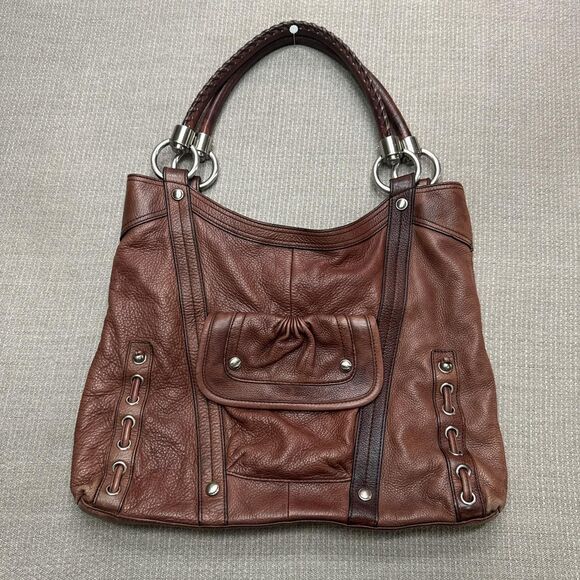 Vintage brown leather Makowski shoulder bag with Y2K chunky silver hardware - Picture 1 of 7
